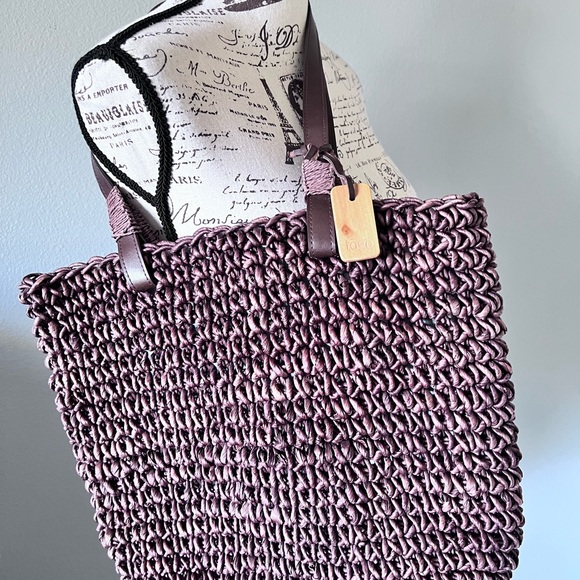 To Go Tote large Weaved Brown Bag Lined Hawaiian Print clean inside & out NWOT - Picture 7 of 9